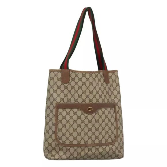 GUCCI GG Supreme Web Sherry Line Tote Bag PVC Beige Red - Picture 14 of 16